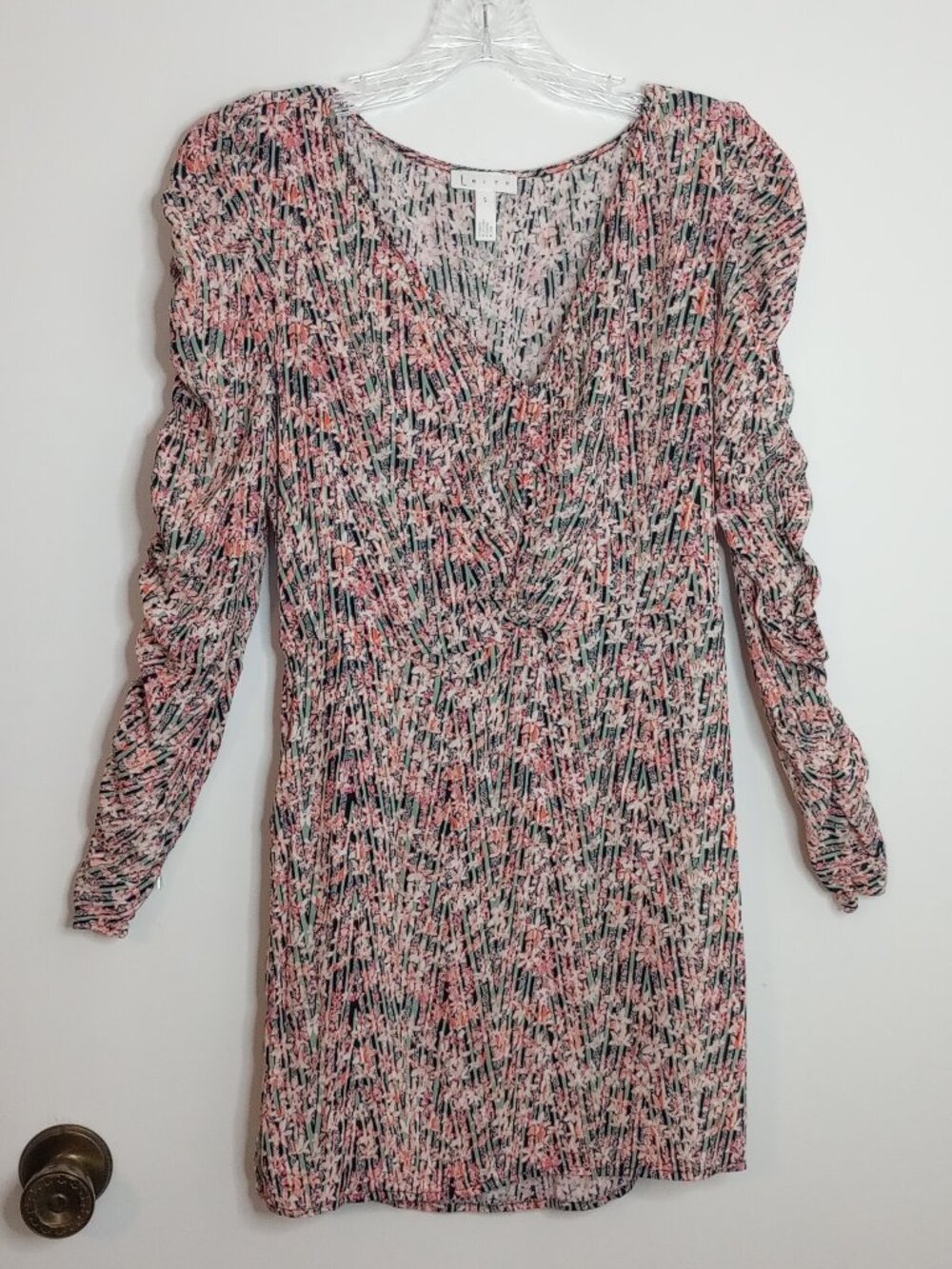 Leith Pink Smoke Tossed Floral Ruched Long Sleeve Mini Dress